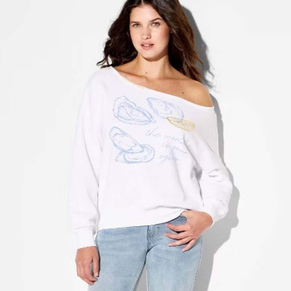 Mighty Fine (XS) The World Is Your Oyster Graphic Sweatshirt White Off Shoulder